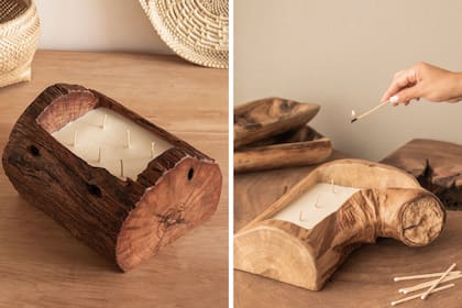 Dos diseños de la línea Wood, talladas en piezas de madera recuperada.