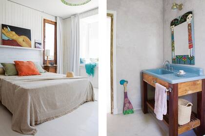 El cuarto está revestido con machimbre blanco. Cubrecama en tussor (Línea Nativa Bs. As.). El baño de la suite tiene un espejo pintado y un mueble de lapacho con una antigua pileta cerámica, hallazgo del arquitecto Pablo Vodopivec.