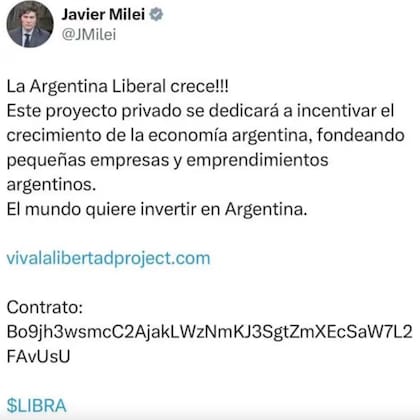 El mensaje que publicó y luego borró Javier Milei, promocionando a $LIBRA