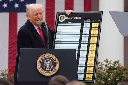 El presidente Donald Trump durante un evento para anunciar nuevos aranceles, el 2 de abril de 2025, en la Casa Blanca, en Washington. (AP Foto/Mark Schiefelbein, Archivo)
