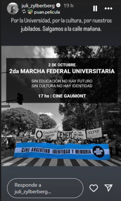 La actriz pidió asistir a la marcha en apoyo a la universidad pública