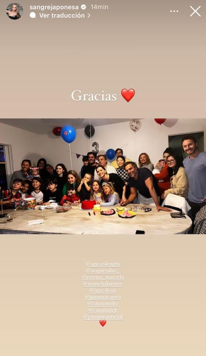 Pampita, la China Suárez y Benjamín Vicuña, reunidos en el cumpleaños de Amancio (Foto: Instagram @sangrejaponesa)
